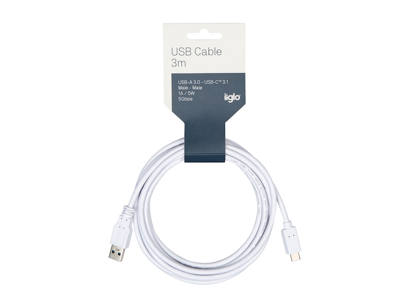 USB-A til USB-C kabel 3m (hvit) USBkabler