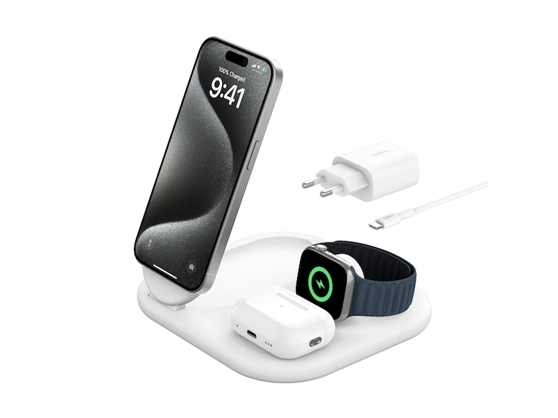 Belkin 3-i-1 Qi2 Trådløs lader (hvit) Ladere